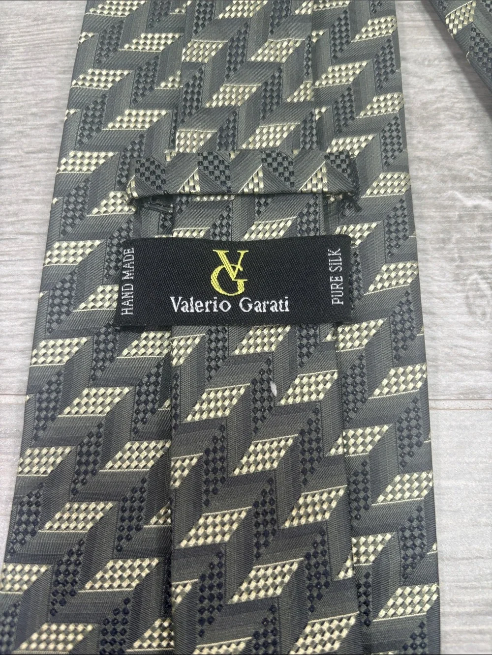 Valerio Garati Silk Tie Geometric 3D Optical Illusion Gray Khaki Gold Handmade
